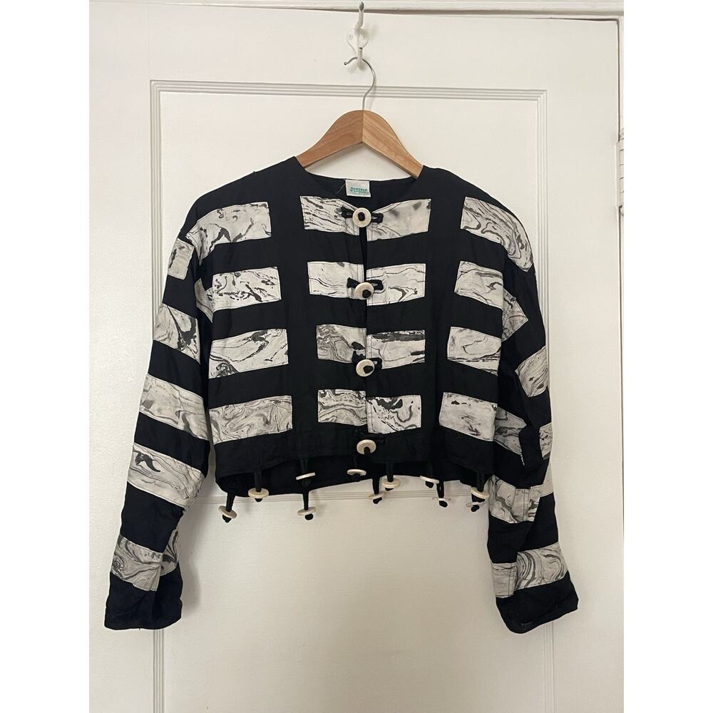 VTG Y2K Designer Pacific Visions Cropped Jacket Sz XS Black White Maui Boutique‎
